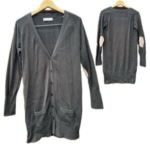 Zara Charcoal Black Long Cardigan Beige Elbow Patch Ladies Size Medium